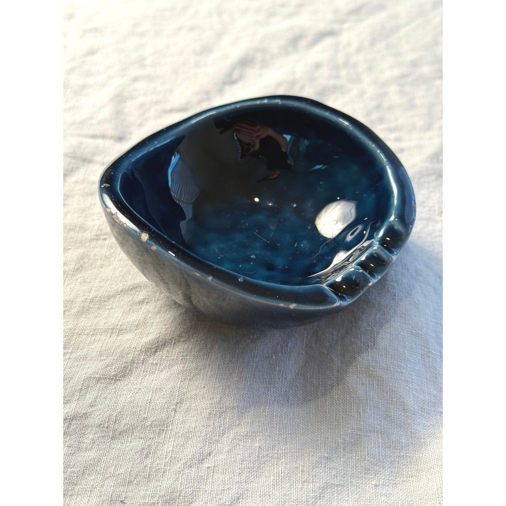 Vintage Ceramic Ashtray Small Navy Blue MCM 1684 RD Glazed Pottery Catchall